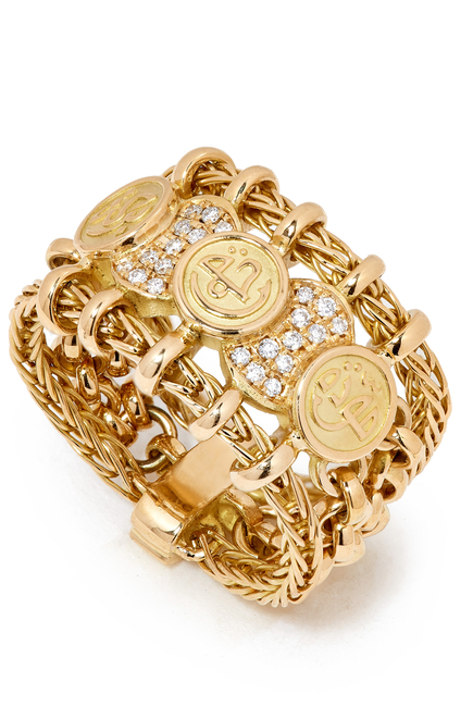 Gold Blessings Chain Ring, 18k Gold Set & Diamonds
